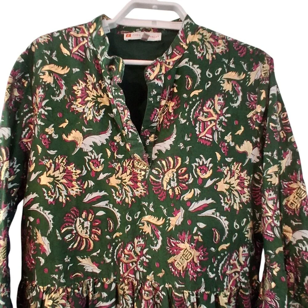 Jude Connally Faith dress womens Small cotton pockets mini green gold